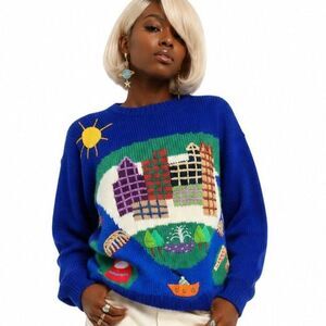 Vintage Inca Novelty Peruvian Wool Sweater Womens M Blue  Cityscape Art To Wear